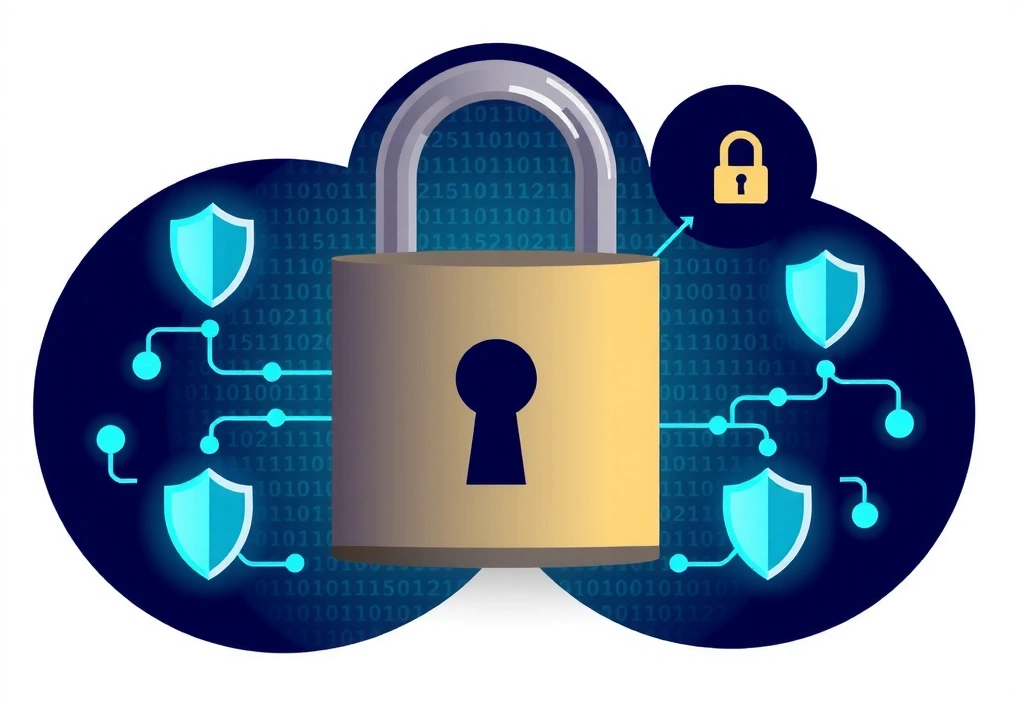Illustration of data privacy and security, with a padlock icon and digital elements
